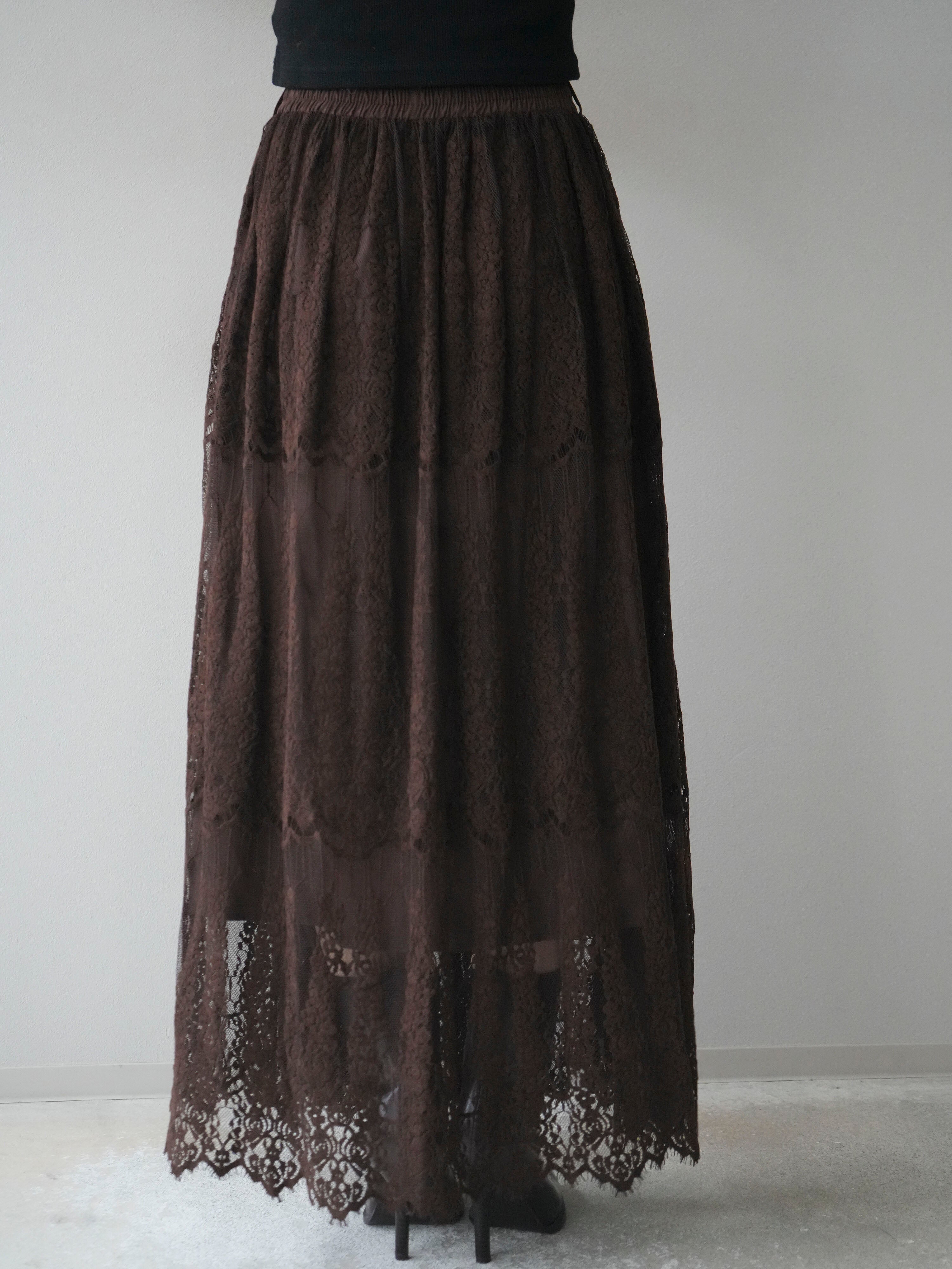 予約]ヴィンテージライクメッシュレーススカート/brown – Lumier