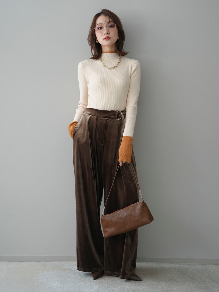 [SET]袖ボタンハイネック配色リブニットトップス+ベロアベルトスリムパンツ(2set)