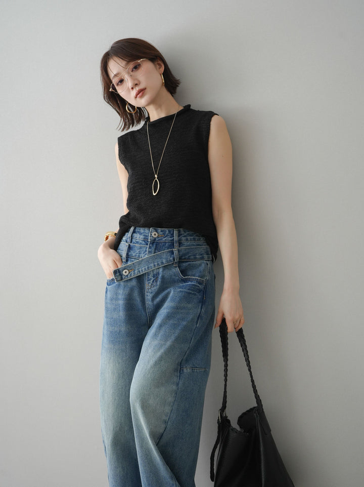 [予約]ノースリーブリネンタッチシアーニットプルオーバー/black