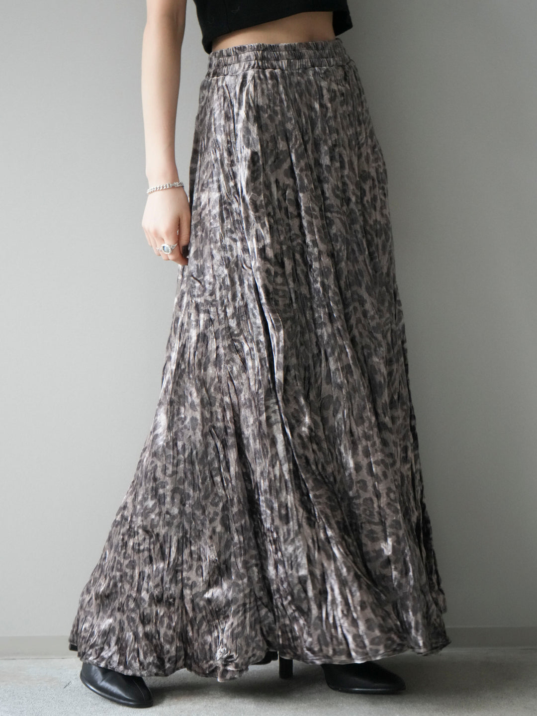 [予約]レオパードベロアワッシャーロングスカート/gray