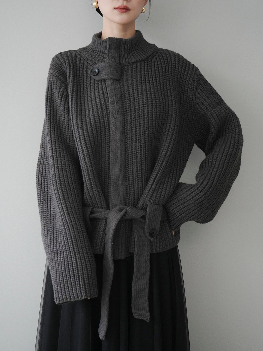 [予約]畦編みボトルネックZIPニットカーディガン/ gray