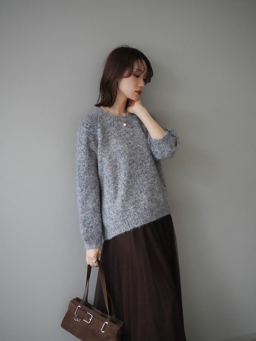 [SET]ロゴラベルミックスヤーンニットプルオーバー+チュールボリュームスカート(2set)