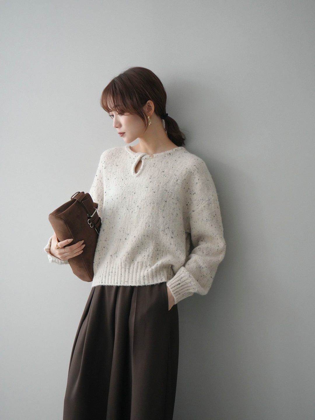 [予約]ツイストネックラメネップヤーンニットプルオーバー/ivory