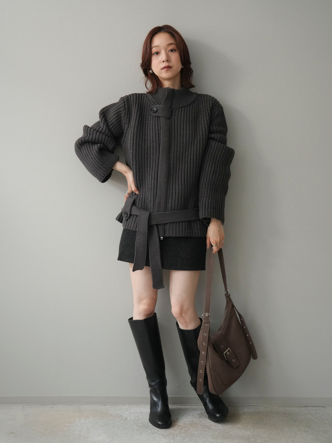 [予約]畦編みボトルネックZIPニットカーディガン/ gray