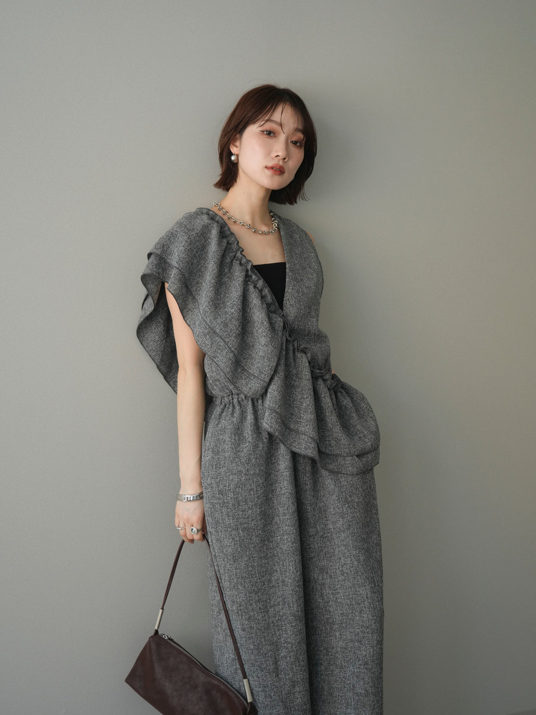 [SET]3WAYミックスツイードギャザーオールインワン+選べるアクセセット(2set)