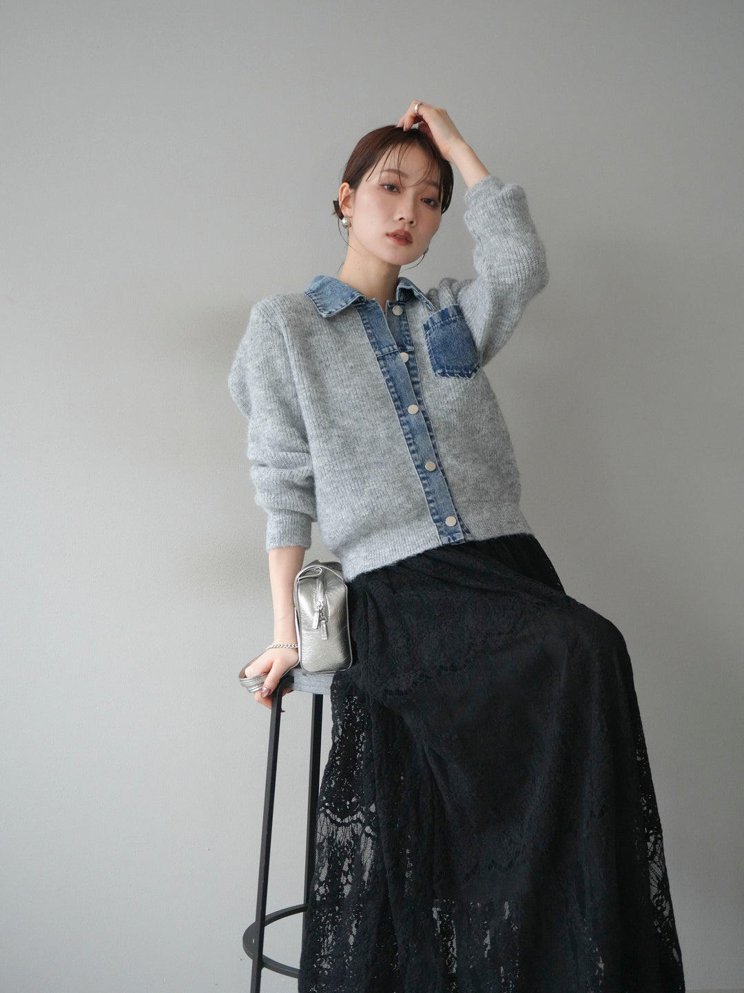 [予約]デニム襟ポケットニットカーディガン/gray