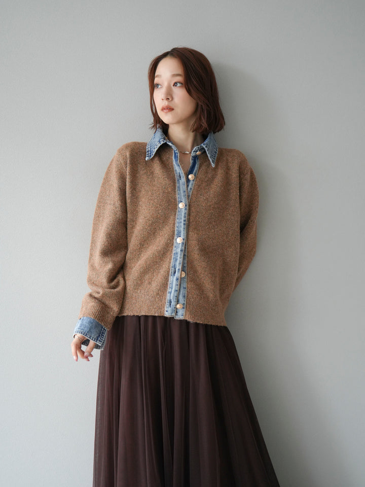 【預購】牛仔領紐扣針織開襟衫/駝色
