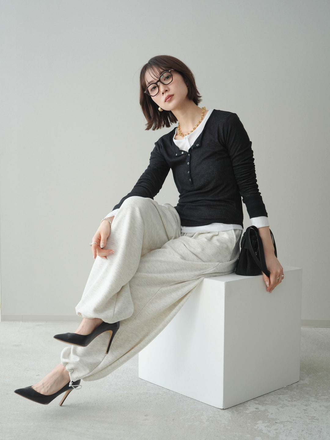 [予約]シアーリブヘンリーネックロンT/black