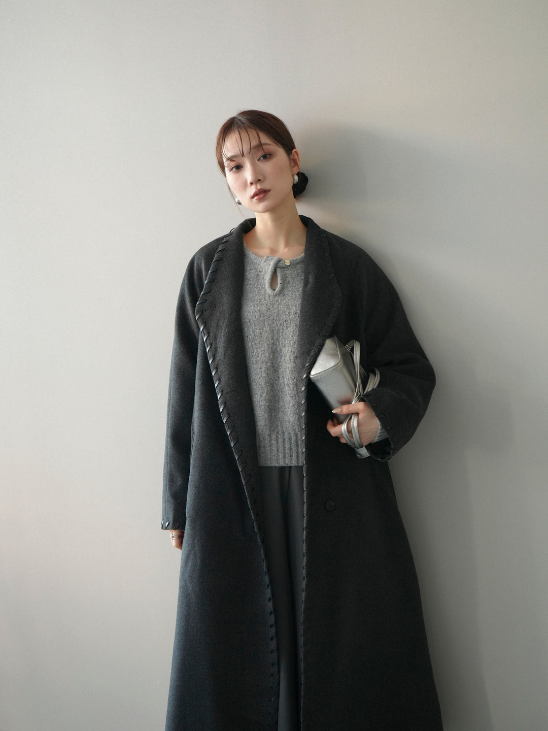 [SET]ハンドステッチ裏中綿ロングコート+テープベルトタックバギーパンツ(2set)