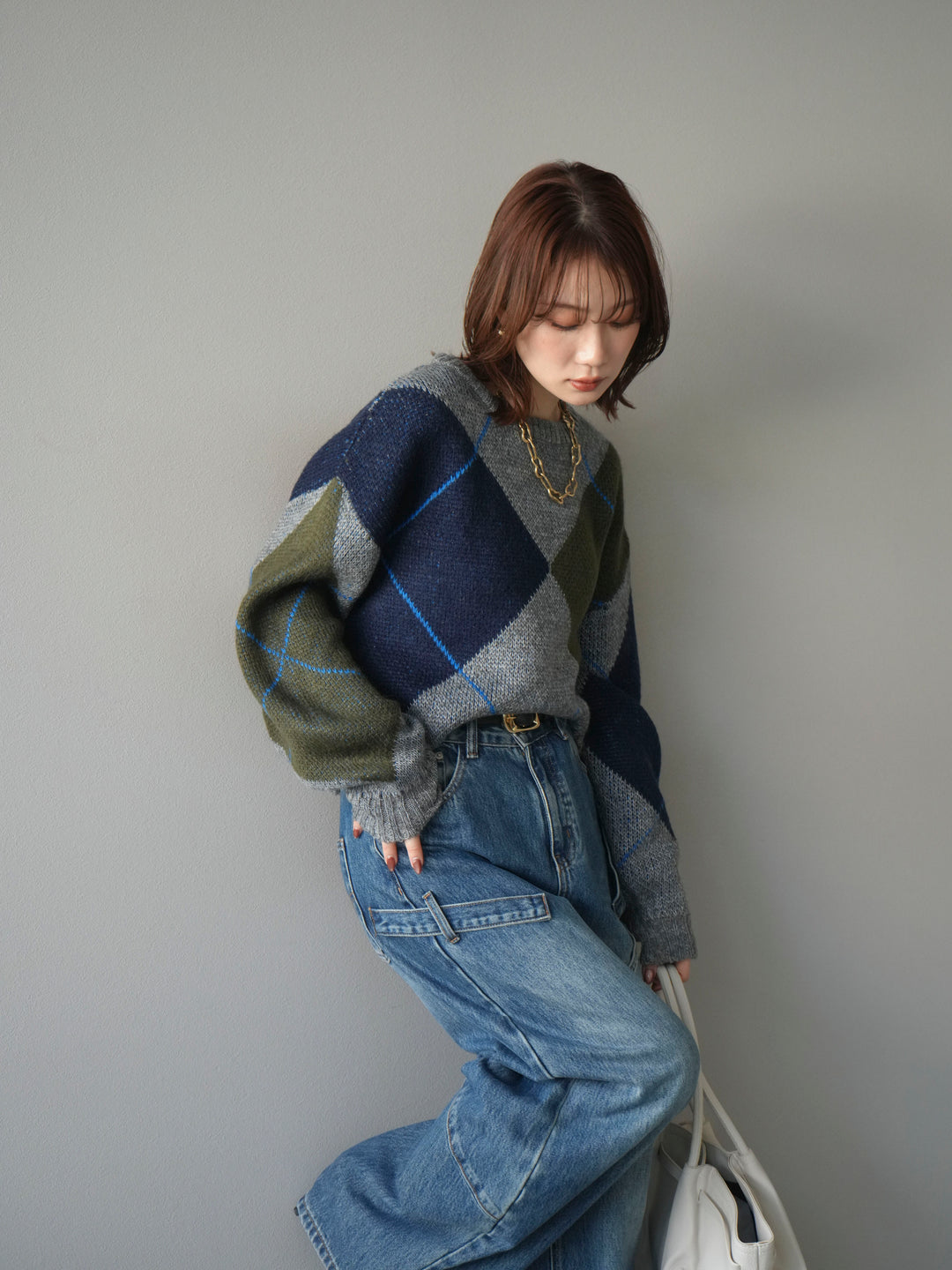 [予約]配色ステッチアーガイル柄ニットプルオーバー/gray