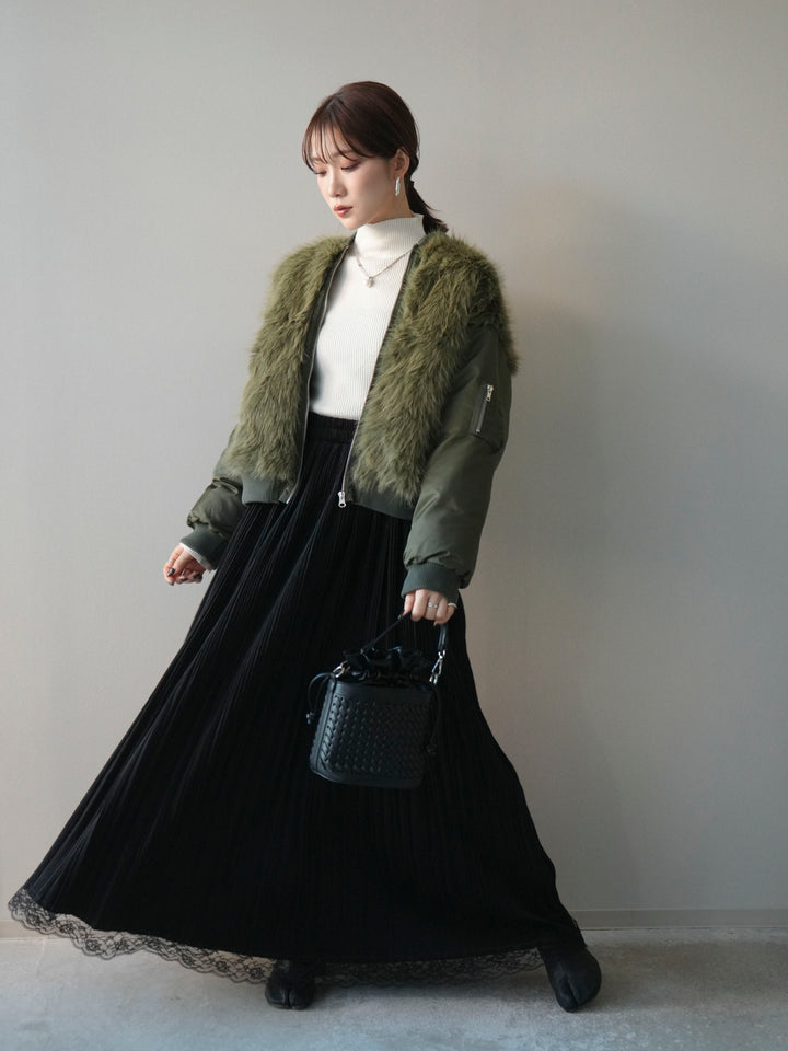 [SET]ファードッキングMA-1+袖ボタンボトルネックリブニットトップス+裾レーススウェードプリーツマキシスカート(3set)