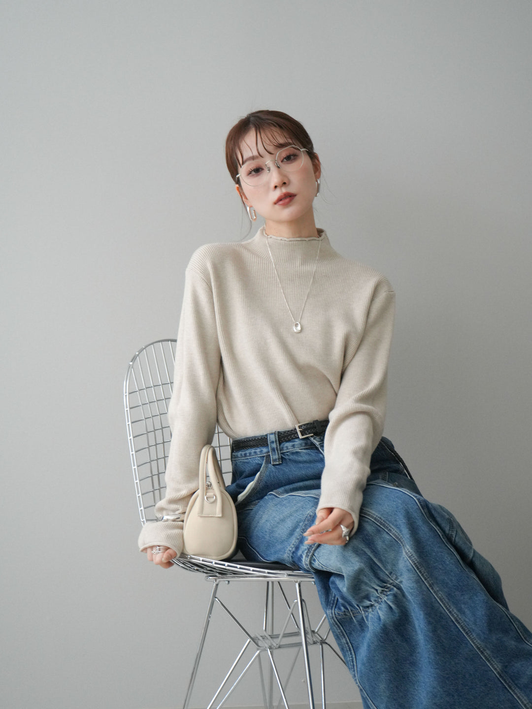 [予約]ボトルネック裾カールリブニットトップス/ivory