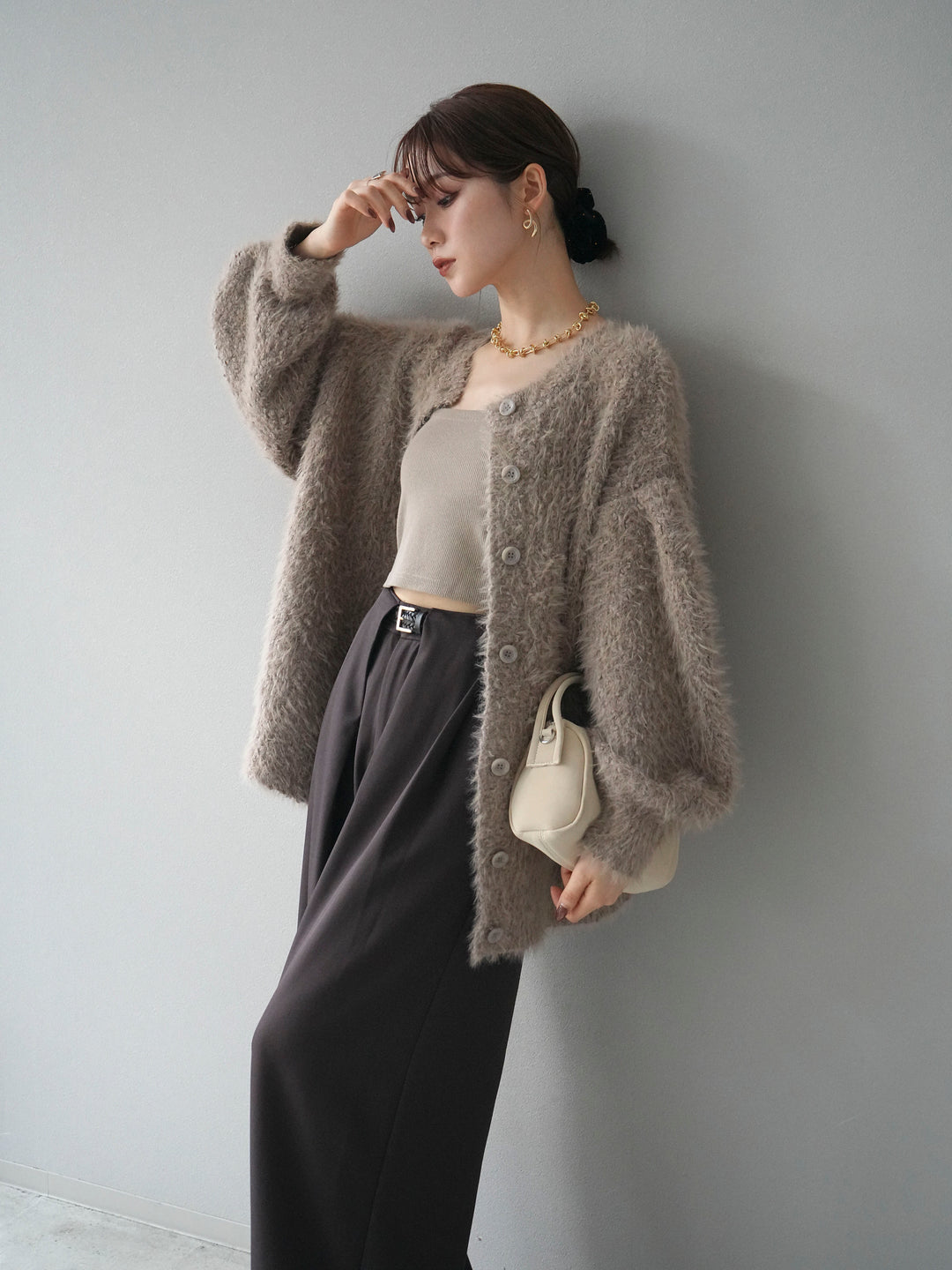 [予約]クルーネックランダムシャギーカーディガン/グレージュ