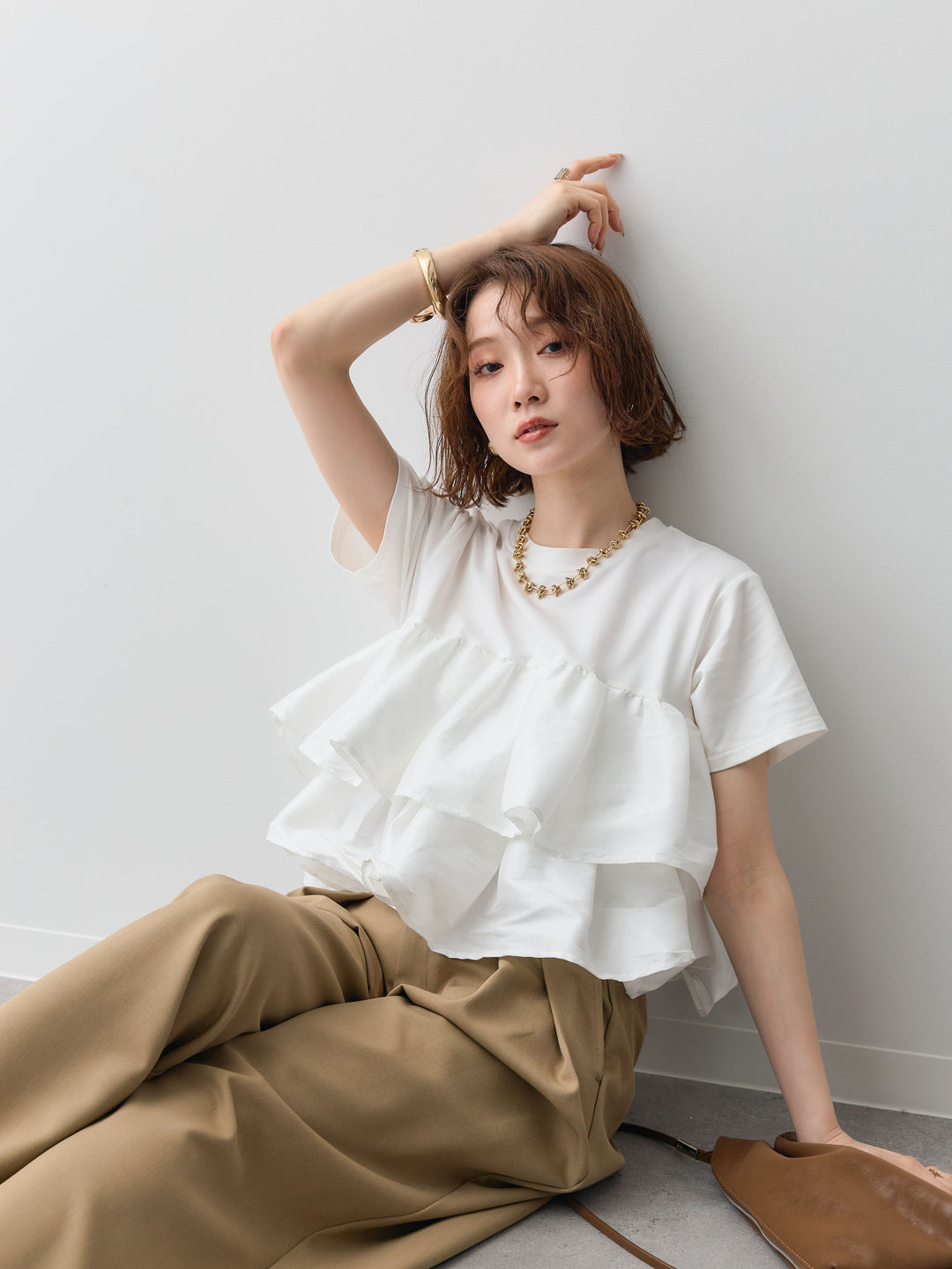 [SET]フリルティアードTEE+クレープデシンタックワイドパンツ(2set)