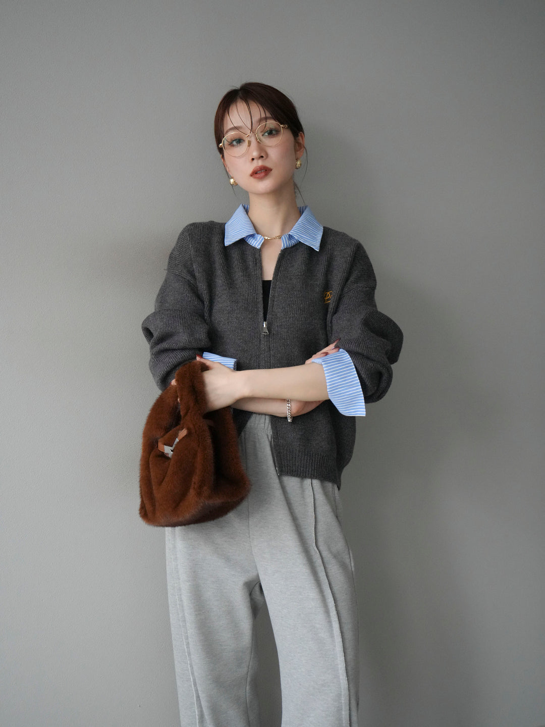 [SET]ストライプシャツレイヤードZIPニットカーディガン+選べるアクセセット(2set)