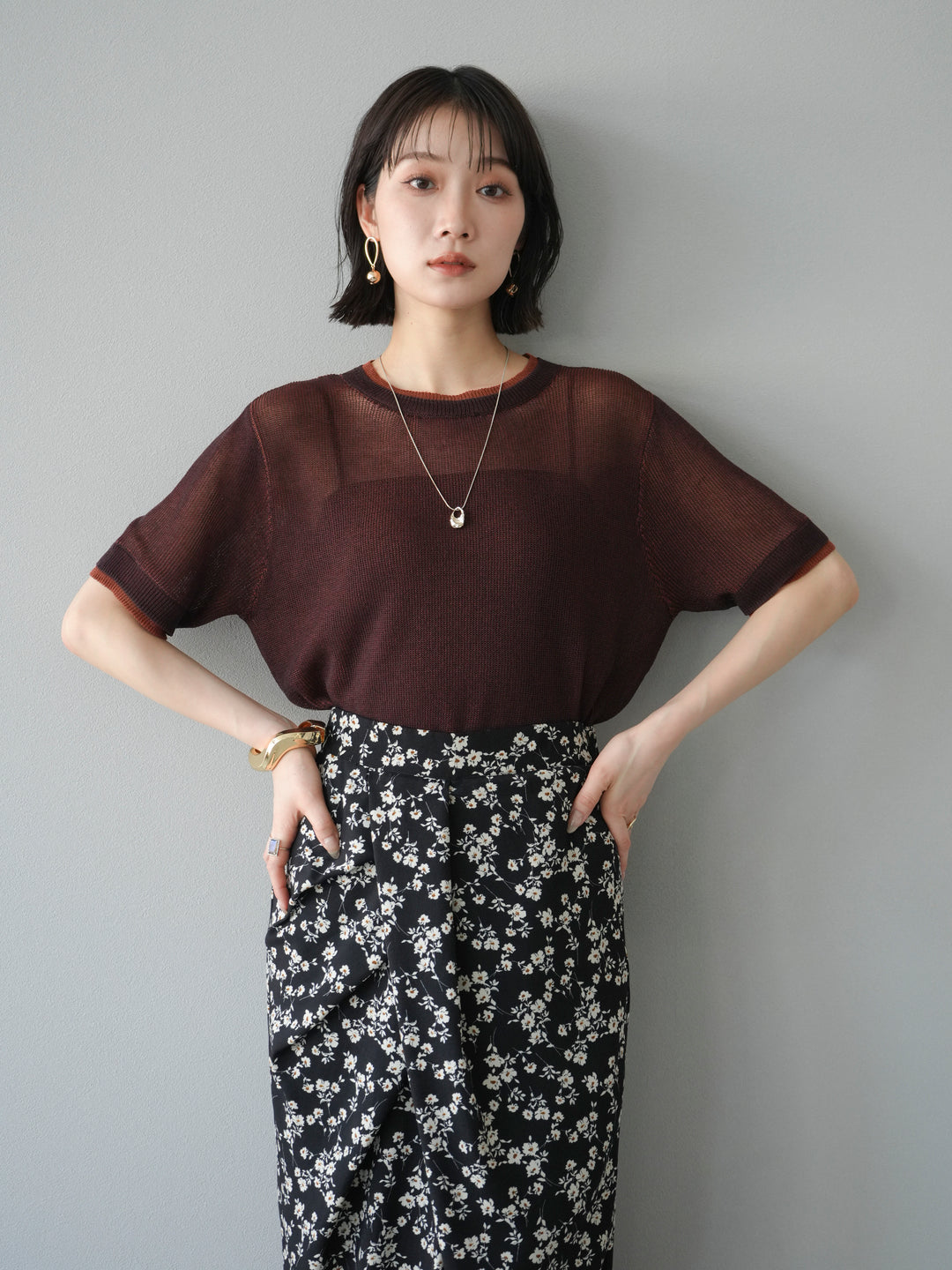 [SET]リネンタッチ配色二重臼ハーフニットトップス+選べるアソート柄スカートセット(2set)