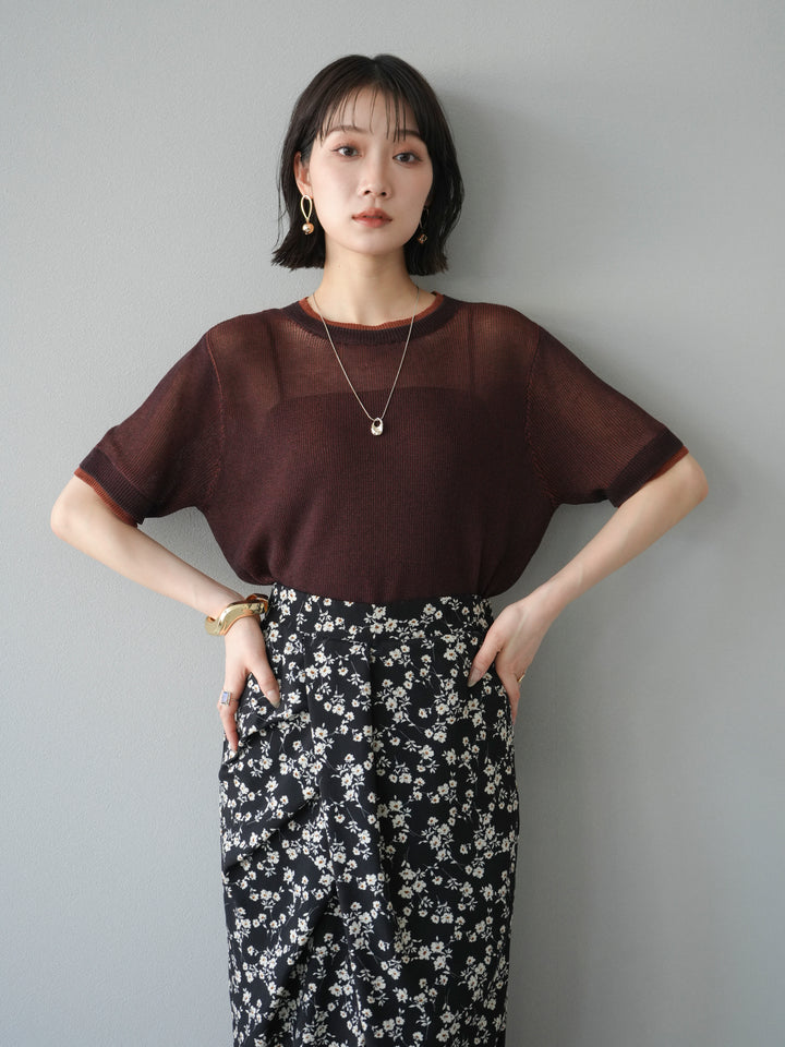 [SET]リネンタッチ配色二重臼ハーフニットトップス+選べるアソート柄スカートセット(2set)