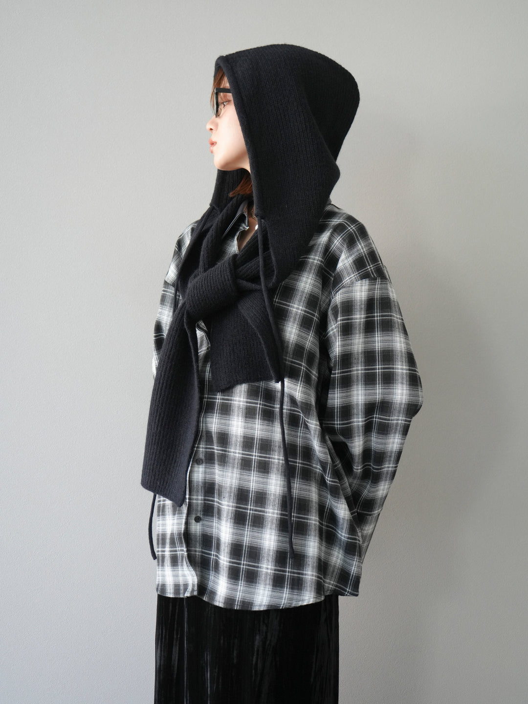 [SET]レザー襟オンブレチェックオーバーシャツ +クラッシュベロアナロースカート(2set)