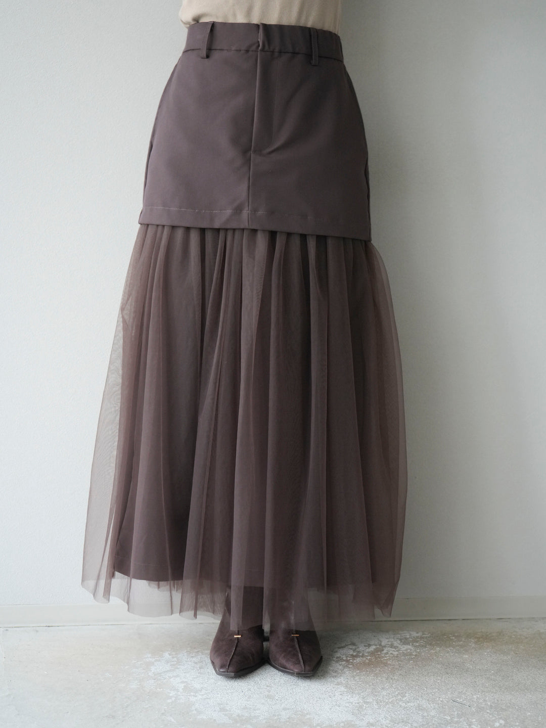 [予約]エステル切替チュールスカート/ブラウン