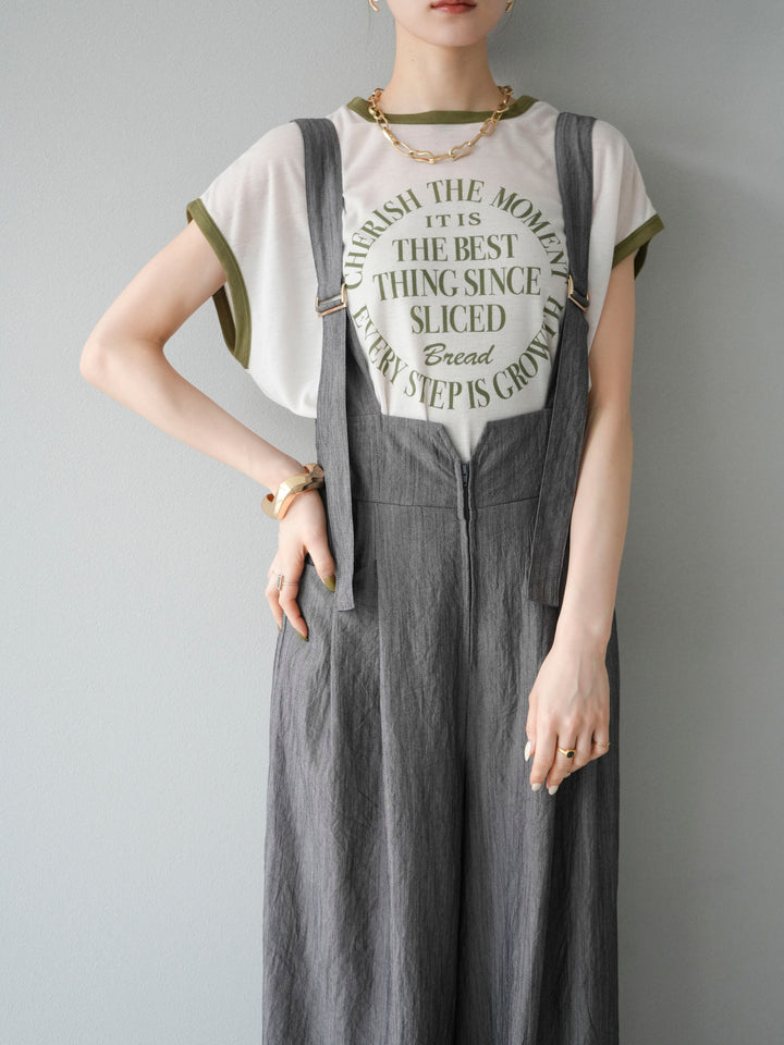 [SET]ストリングデザインハイウエストサロペット+シアーフライス ロゴプリントT (2set)