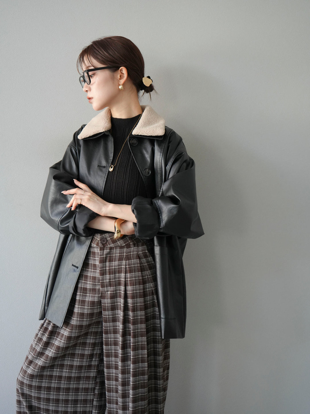 [予約]襟ボアレザーブルゾン/ブラック