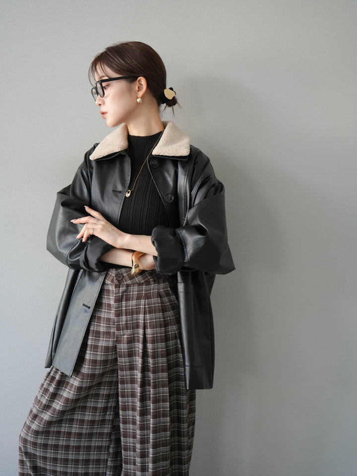 [予約]襟ボアレザーブルゾン/ブラック