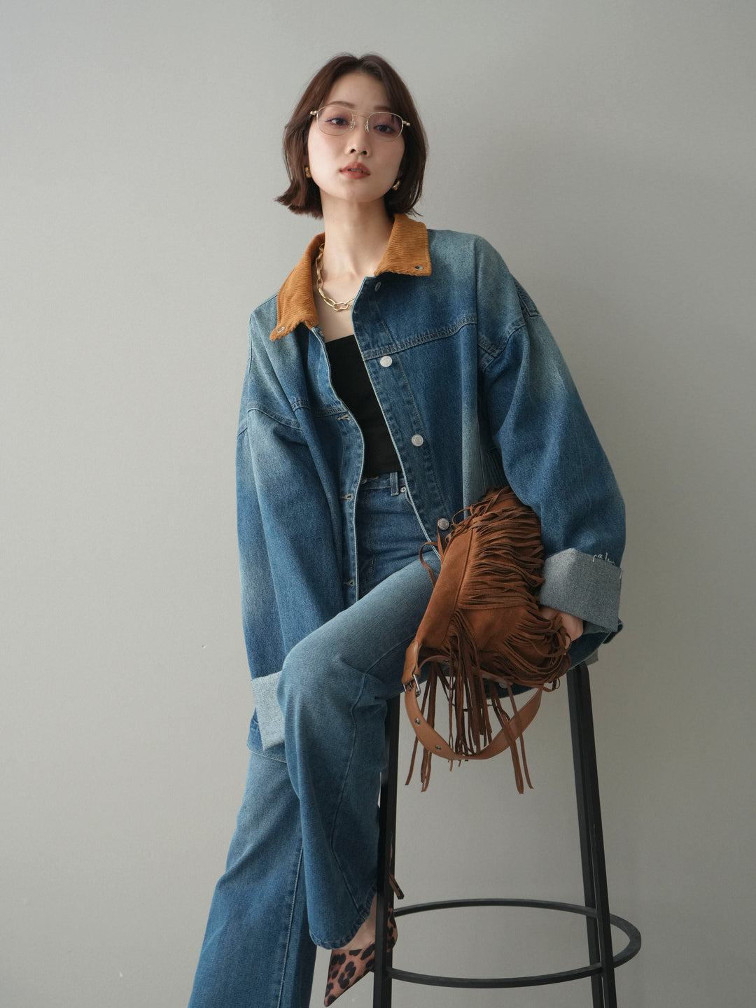 [SET]コーデュロイ×デニムミドルジャケット+フレアデニムパンツ(2set)