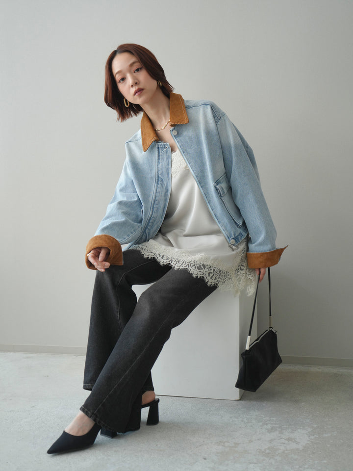 [予約]コーデュロイ×デニムショートカバーオール/bleach