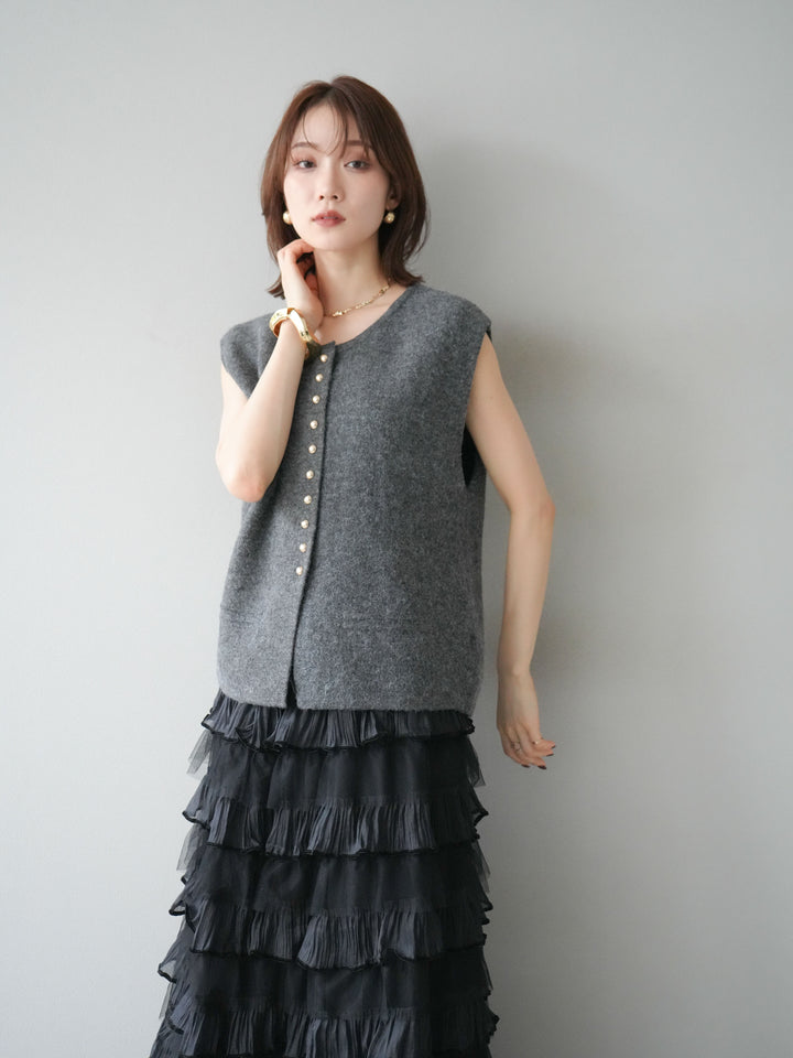 [予約]ゴールドボタンコンパクトニットベスト/ダークグレー
