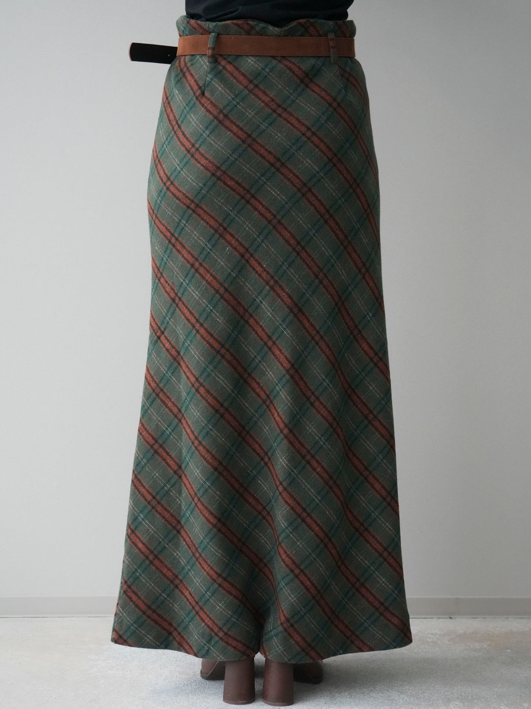 [予約]ベルト付チェック柄ナロースカート/green