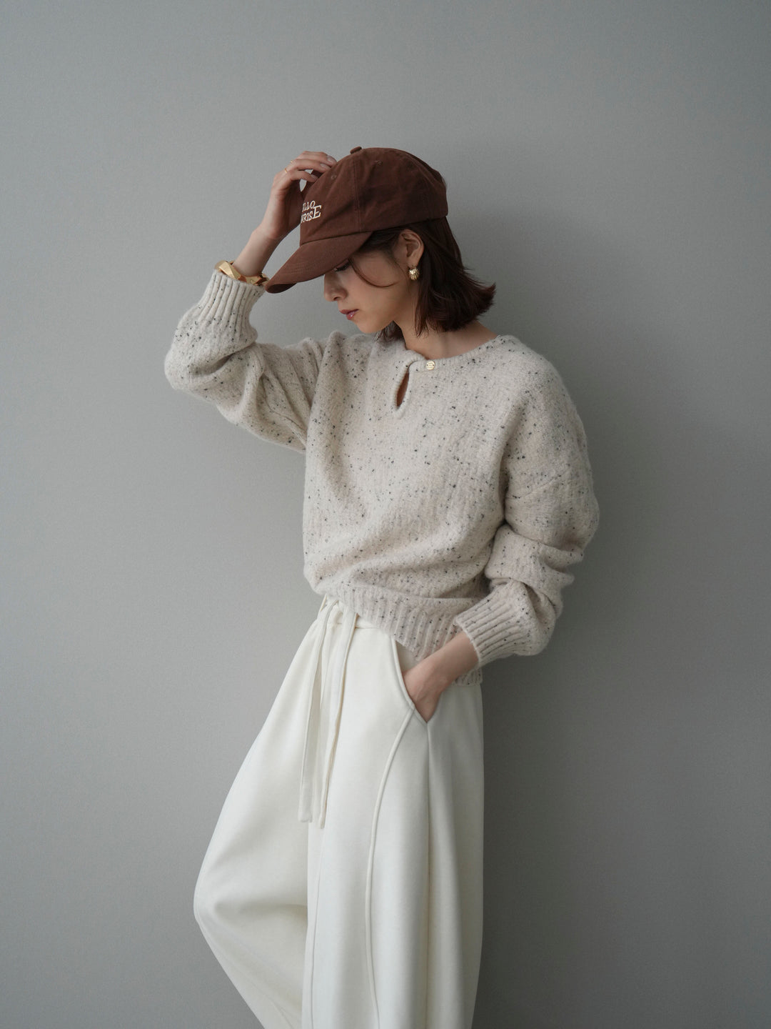 [予約]ツイストネックラメネップヤーンニットプルオーバー/ivory