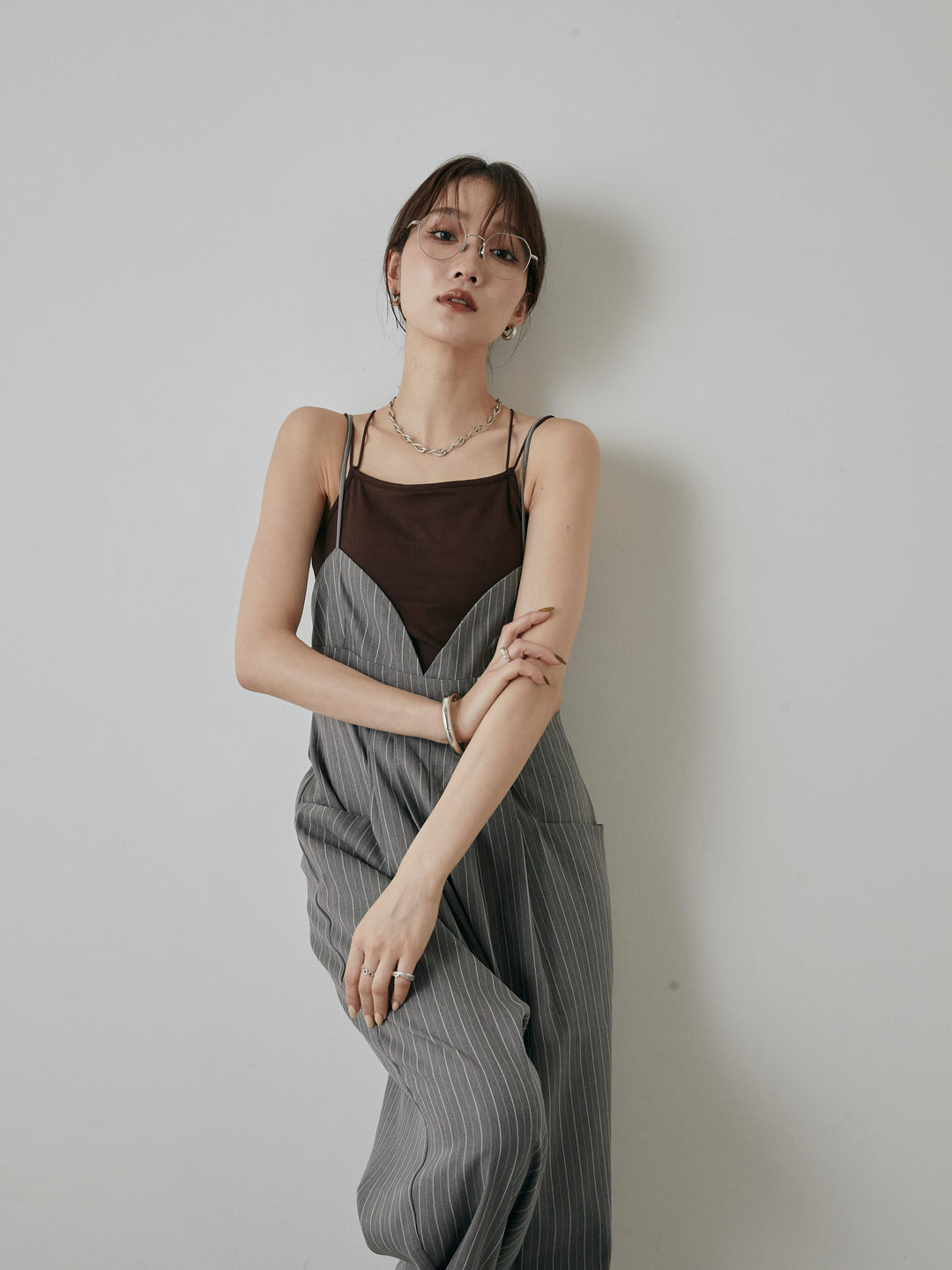 [予約]ヘリンボーンストライプサロペット/チャコール