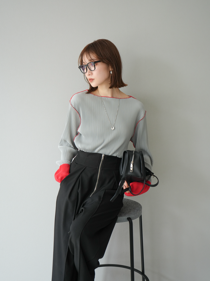 [予約]バイカラープリーツトップス/グレー