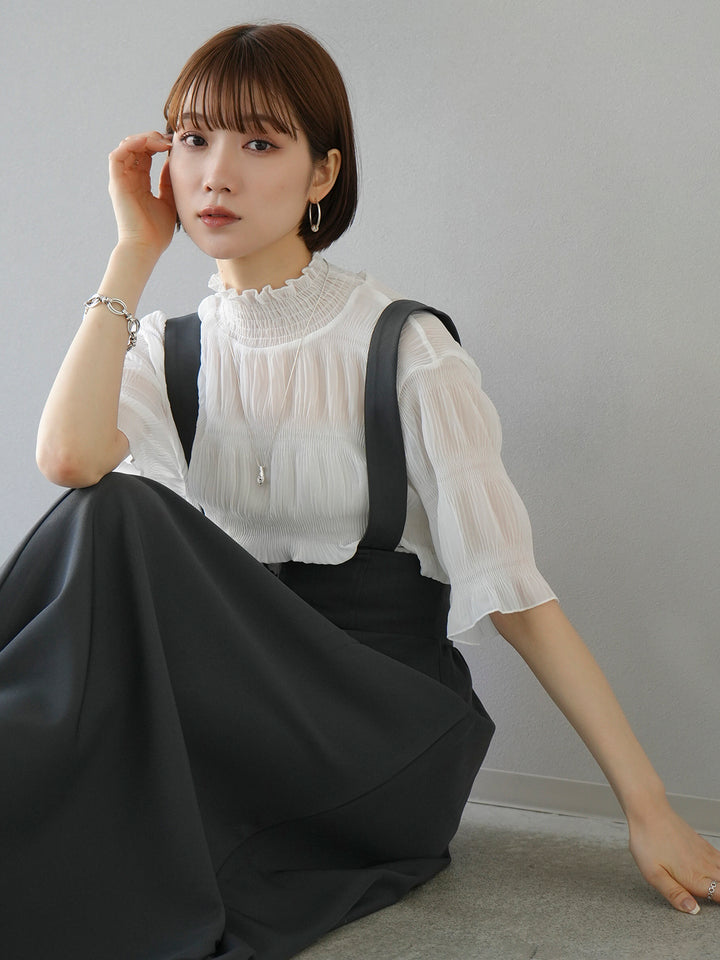 [SET] Shirring chiffon half sleeve blouse + 2WAY flare jumper skirt (2set)