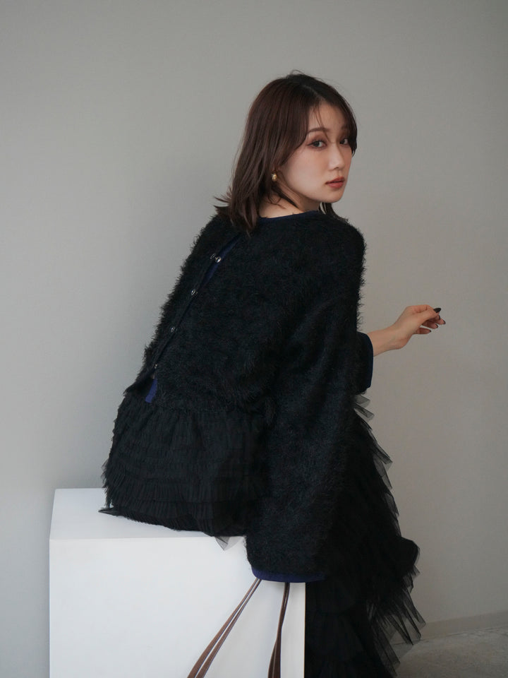 [予約]バイカラー2WAYシャギーニットカーディガン/black