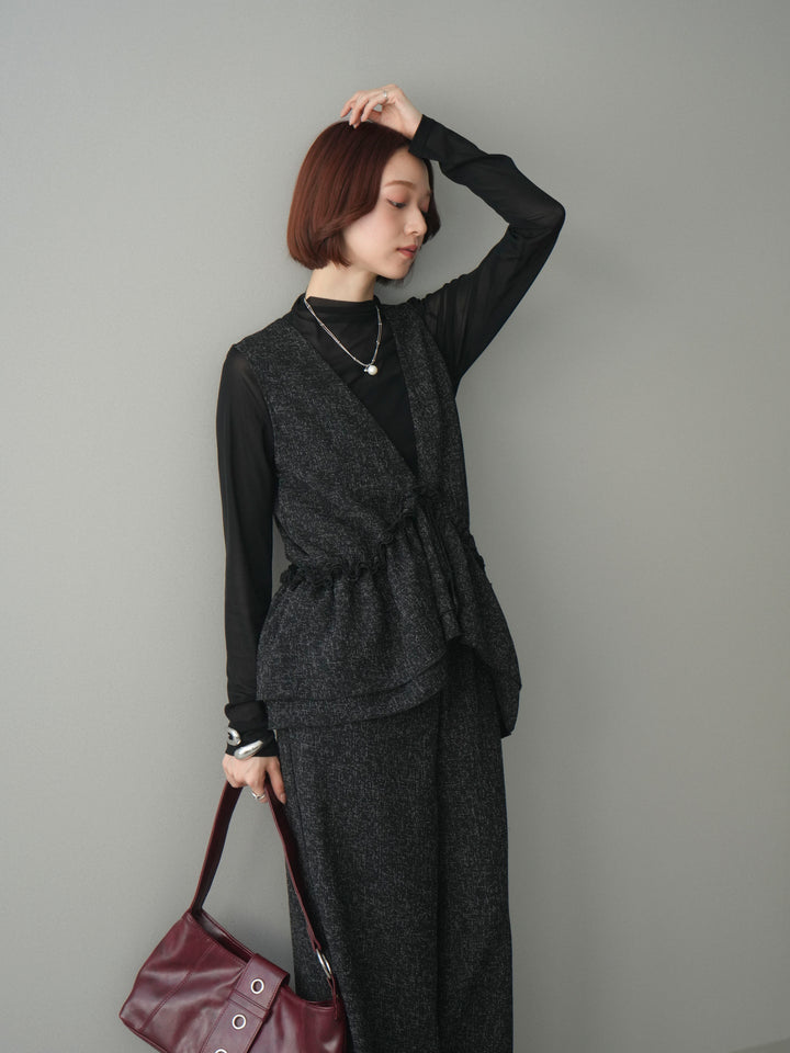 [SET]3WAYミックスツイードギャザーオールインワン+シアープチネックストレッチトップス(2set)