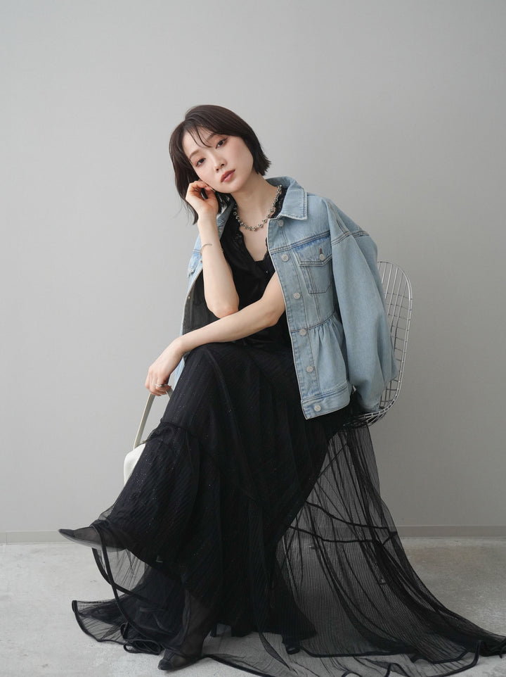 【套裝】荷葉邊牛仔外套+無袖緞面蕾絲吊帶背心+亮片褶皺多層薄紗長裙（三件套）