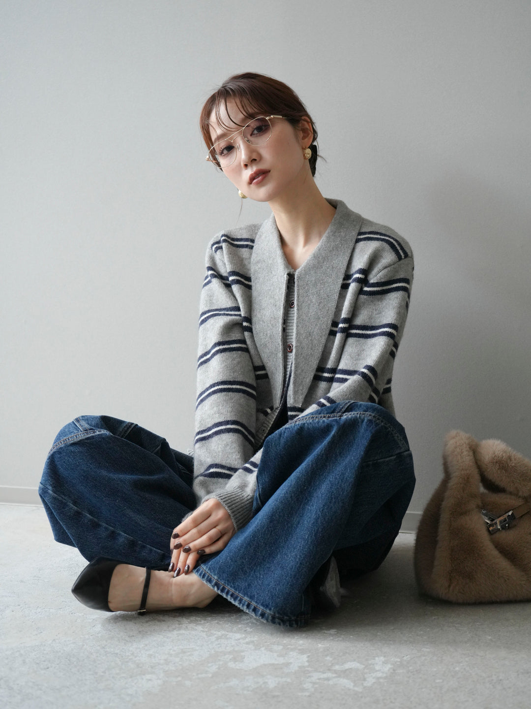 [予約]ボウタイボーダーニットカーディガン/gray