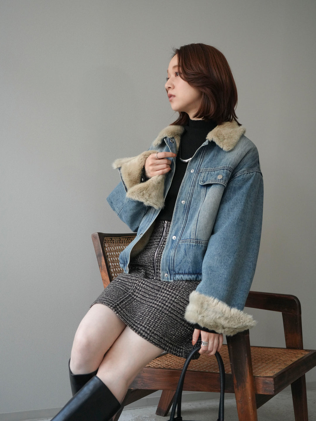 [予約]デニム×ファーステンカラーショートジャケット/lightblue