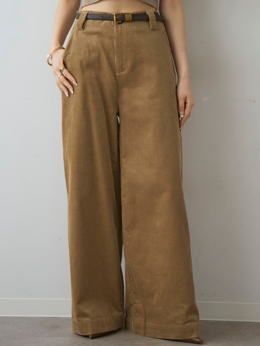 [予約]ベルト付コーディロイワイドストレートパンツ/beige