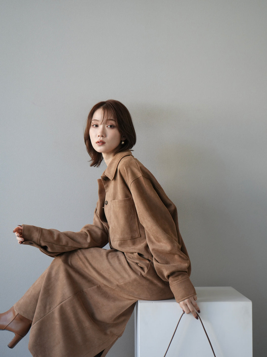 [SET]スエードシャツジャケット+スエードタイトスカート(2set)