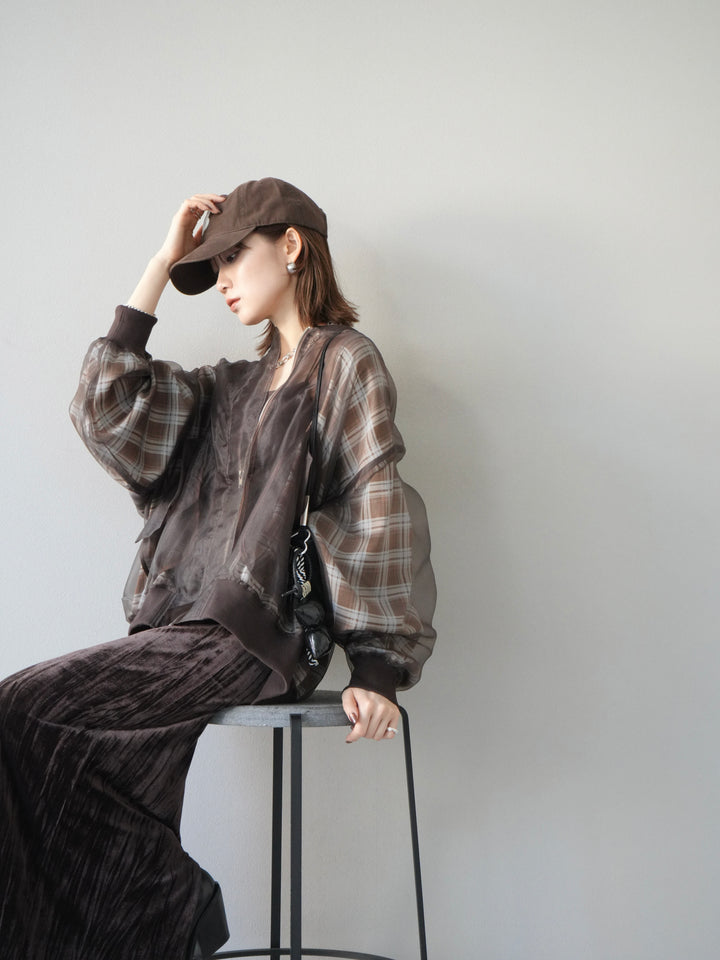 [預購] 格紋薄紗對接外套/棕色