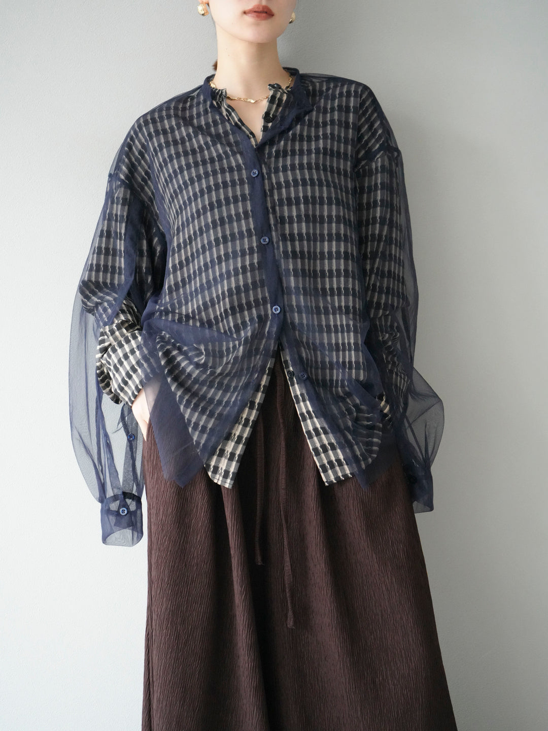 [予約]チェック柄2WAYスリーブバンドカラーシャツ/ベージュブラック