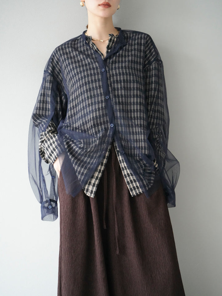 [予約]チェック柄2WAYスリーブバンドカラーシャツ/ベージュブラック