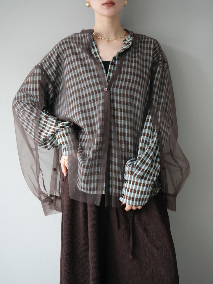 [予約]チェック柄2WAYスリーブバンドカラーシャツ/ブルーブラウン