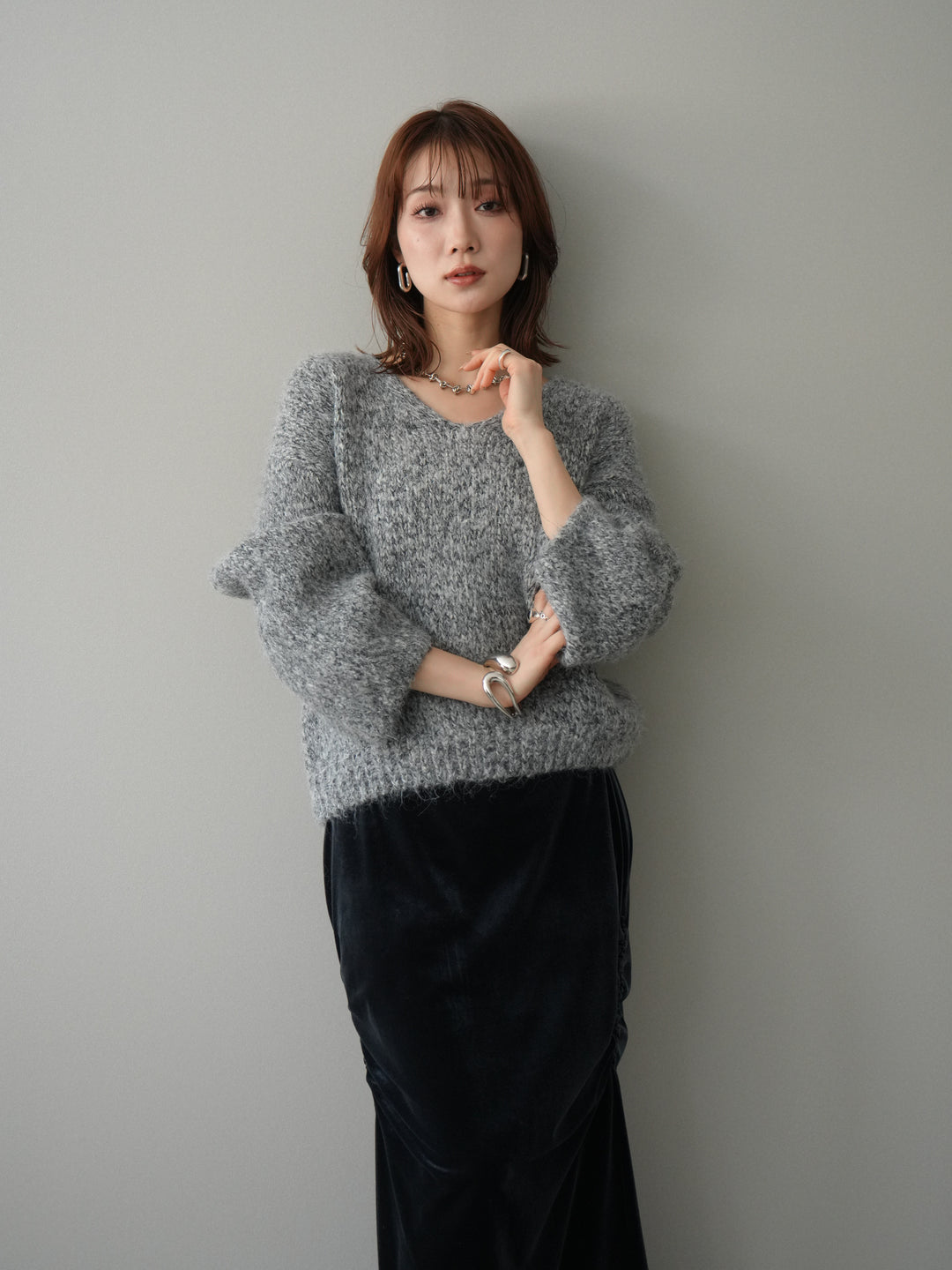 [予約]Vネックミックスヤーンニットプルオーバー/gray