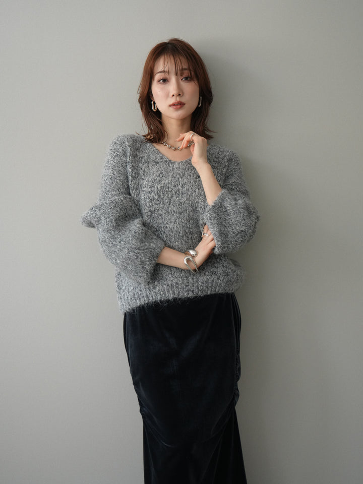 [予約]Vネックミックスヤーンニットプルオーバー/gray