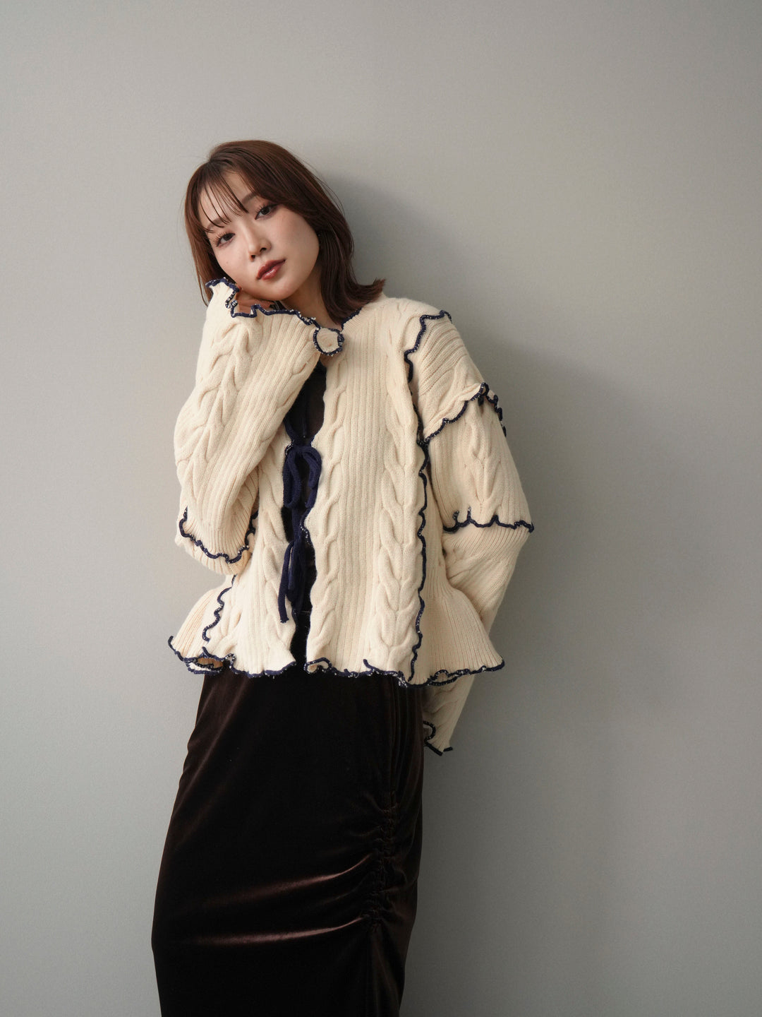 [予約]フロントリボン配色メローニットカーディガン/ivory