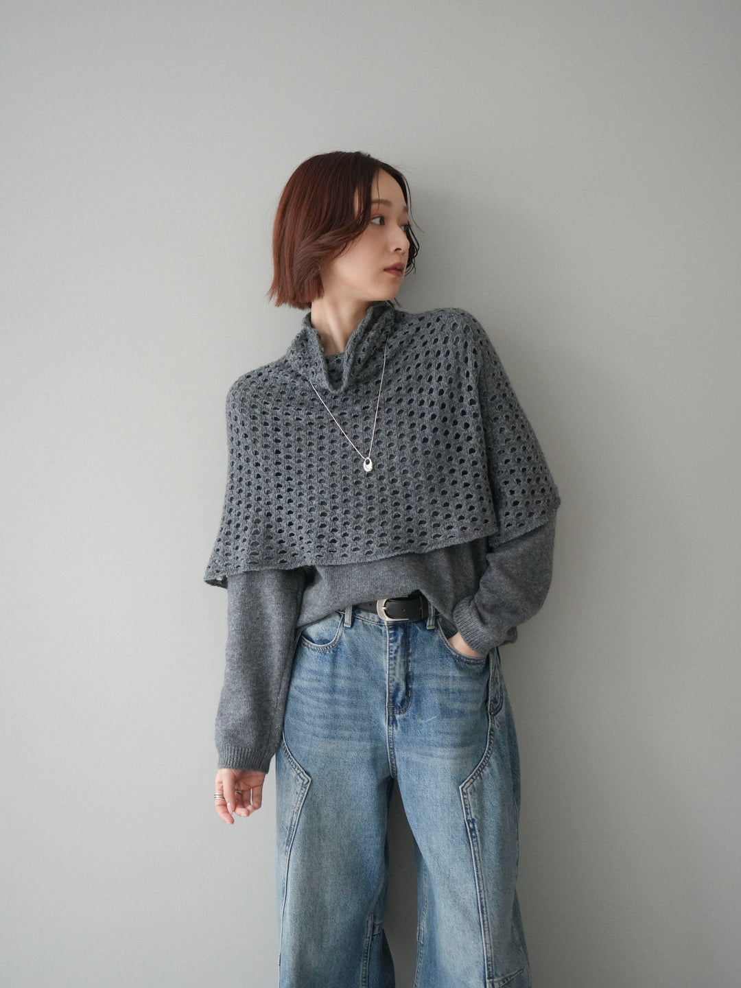 [予約]メッシュケープアンサンブルニットプルオーバー/darkgray