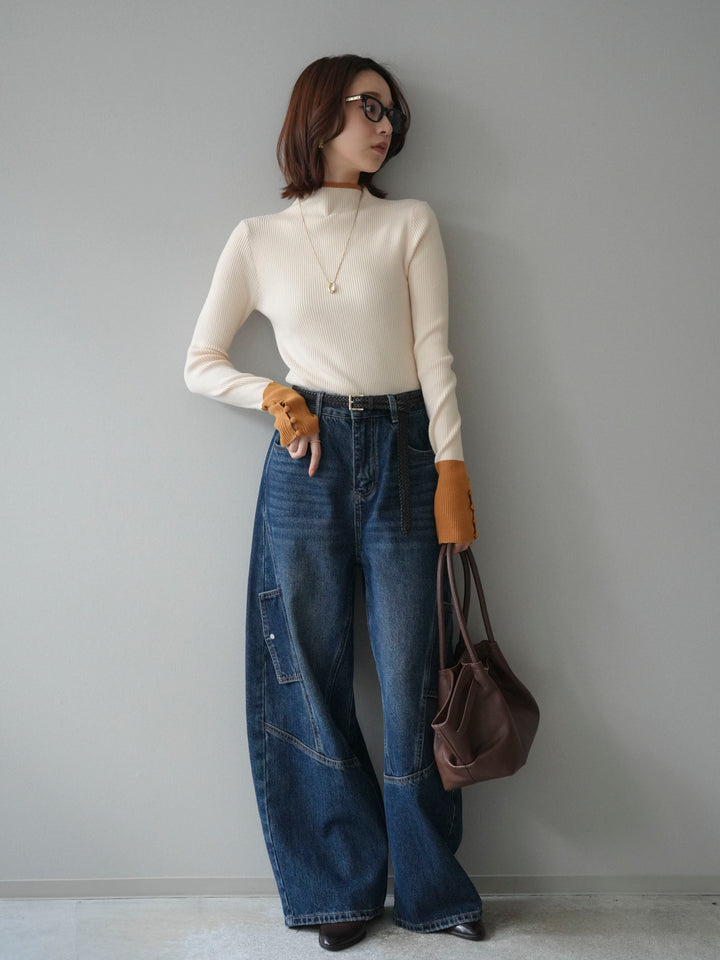 [SET]袖ボタンハイネック配色リブニットトップス+袖ボタンハイネック配色リブニットトップス(2set)